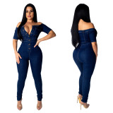 Off Shoulder Button Down Jean Bodycon Jumpsuit JLX8700