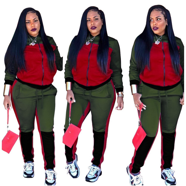 Zipper Coat Straight Pants Colors Patchwork Hiking Lady Sets SMR9547