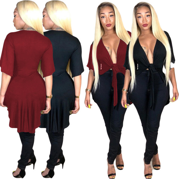 Plus Size Bandage Pure Color Half Sleeves Women T-Shirt AMM8059