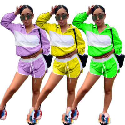 Long Sleeve Top Elastic Shorts Color Block Outfits HHM6108