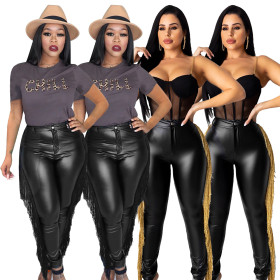 Pu Leather Women Bottoms Hot Sale Tassel Pencil Pants Q362
