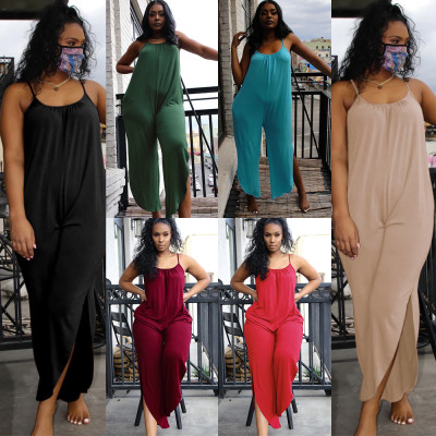 Sexy suspenders split loose six-color jumpsuit F168