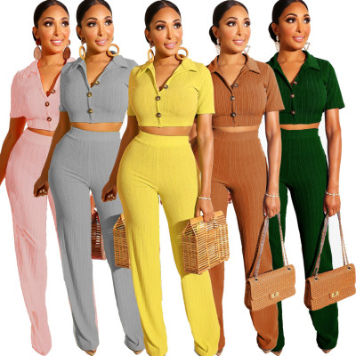 Leisure Summer Plain Color Stretchy Ribber Pants Suits L0277