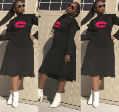Casual Ruffle Midi Black T Shirt Dress S6105
