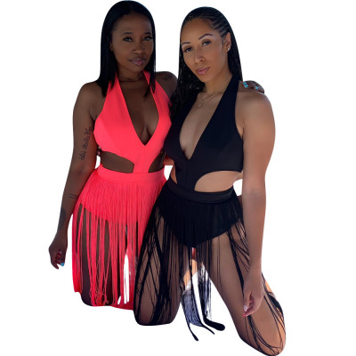 Beach Sleeveless Bodycon Solid Jumpsuit With Tassel LM9086