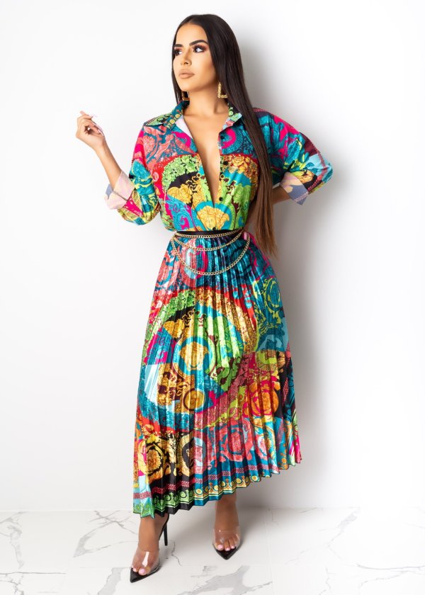 Fashionable Colorful Printing Single-Breasted Pleated Dress MFT145