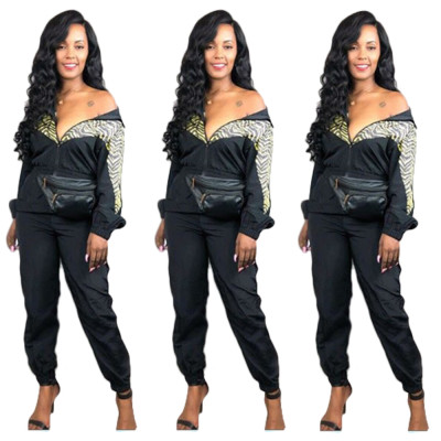 Printed Patchwork Zipper Bodycon Elastic Waist Jumpsuit ZH5132