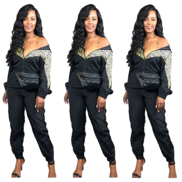 Printed Patchwork Zipper Bodycon Elastic Waist Jumpsuit ZH5132