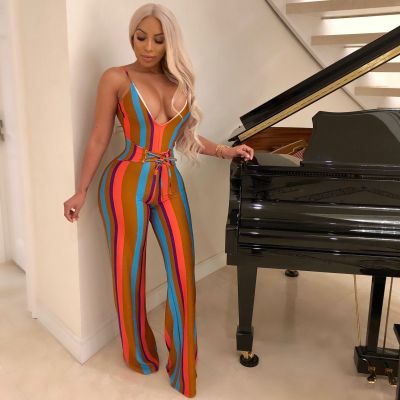 Sexy Deep V Neck Striped Jumpsuit YM-8269
