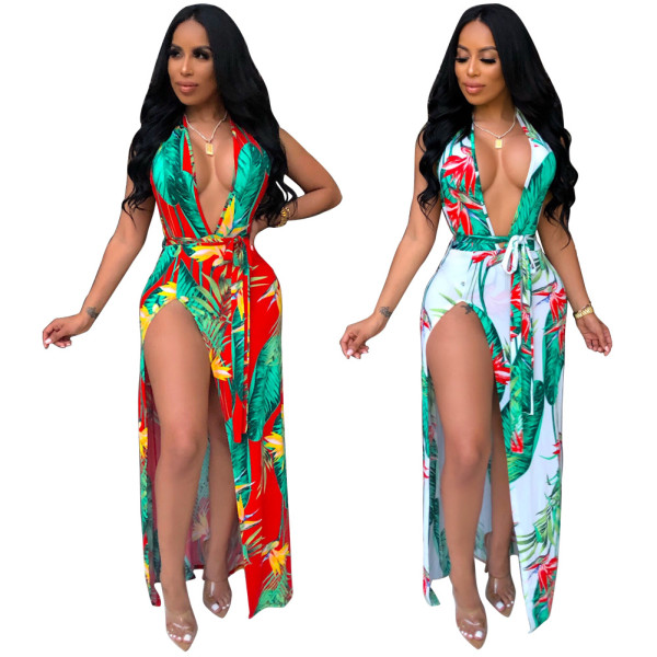 Sleeveless Backless Sexy Floral Dress W5014