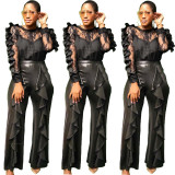Women Newest Ruffle Suits Mesh Top PU Leather Pants OMY5081