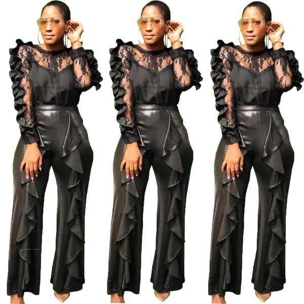 Women Newest Ruffle Suits Mesh Top PU Leather Pants OMY5081