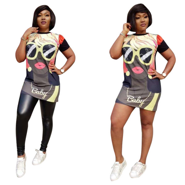 Newest Printing Short Sleeves T-Shirt Dress For Lady D8237