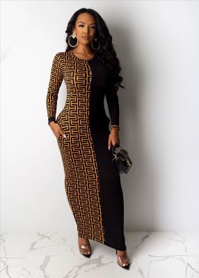 Wholesale Price Ladies Printed Splicing Ankle Length Dress YMT6118
