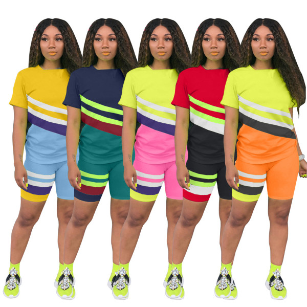 Geometric stripes contrast color leisure sports two-piece suit CH7512