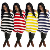 Striped Oblique Shoulder Casual Loose Dress With Pockets AMM8185