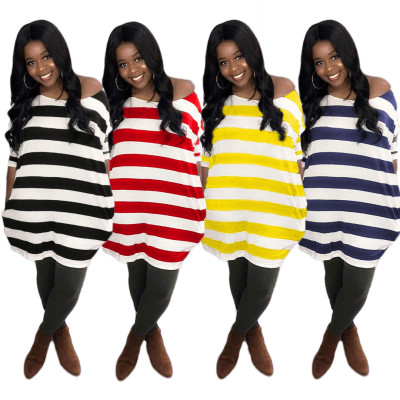 Striped Oblique Shoulder Casual Loose Dress With Pockets AMM8185