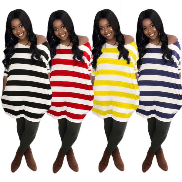Striped Oblique Shoulder Casual Loose Dress With Pockets AMM8185