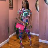Trendy Letters Printing Short Sleeve Slinky Jumpsuits LD8323