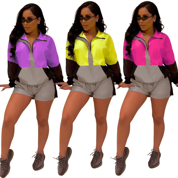 Reflective Two Pieces Sets Patchwork Shorts Outfits QZ5239