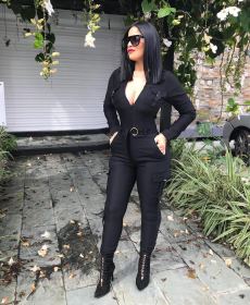 Women Bodycon V Collar Solid Jumpsuit With Belt LD8220