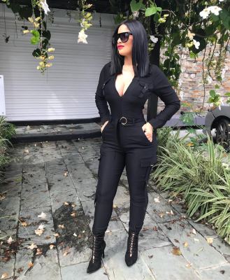 Women Bodycon V Collar Solid Jumpsuit With Belt LD8220