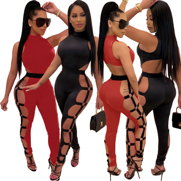 Black/Red Hollow Out Bodycon Clubwear Sexy Sleeveless Jumpsuit DN8336
