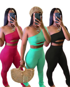Women's sexy one-shoulder wrap chest pleated pit strip two-piece set in stock C3012