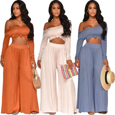 Oblique Shoulder Crop Top Wide Leg Pants Solid Color Sets RB3018