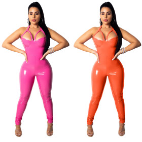 Halter Neck PU Leather Bodycon Jumpsuits QZ4521
