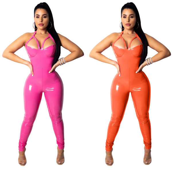 Halter Neck PU Leather Bodycon Jumpsuits QZ4521