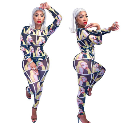 Leisure Mesh Women Long Style Printing Bodycon Outfits M935
