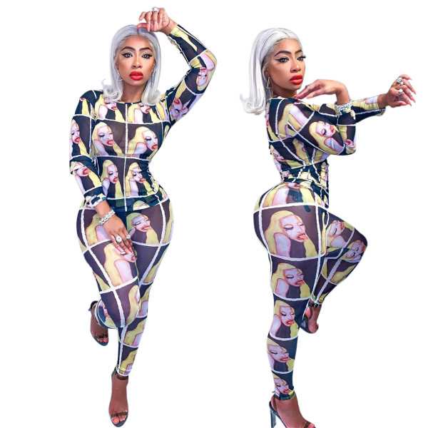Leisure Mesh Women Long Style Printing Bodycon Outfits M935