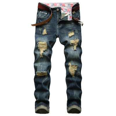 Dark blue ripped autumn and winter cotton mens casual nostalgic denim trousers TX898