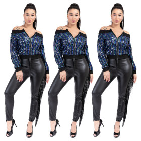 Fashion Bodycon Zipper Colorful Sequins Off Shoulder Coat Q391