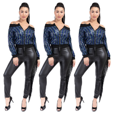Fashion Bodycon Zipper Colorful Sequins Off Shoulder Coat Q391