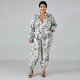 Women's long-sleeved printed zipper large size jumpsuit Q5068