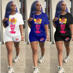 Street sports fashion cute printed short-sleeved shorts suit two-piece set TY1812