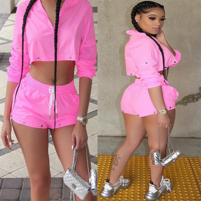 Newest Long Sleeve Crop Top Pink Ladies Shorts T3322H