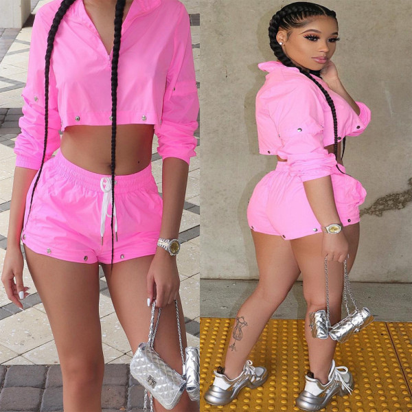 Newest Long Sleeve Crop Top Pink Ladies Shorts T3322H