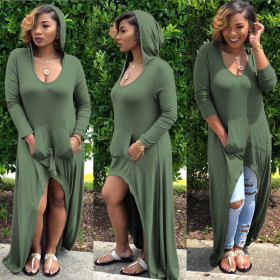 Stylish Pure Color Low-Cut Hooded Dress With Pockets GL6066