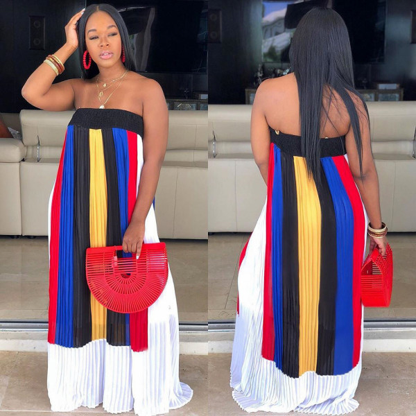 Hot Sale Multicolor Loose Fitting Pleated Strapless Long Dress SN3583