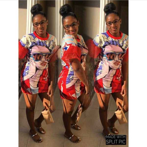 Cartoon Printing Short Sleeves Patchwork Mesh Bodycon Dress AFY665