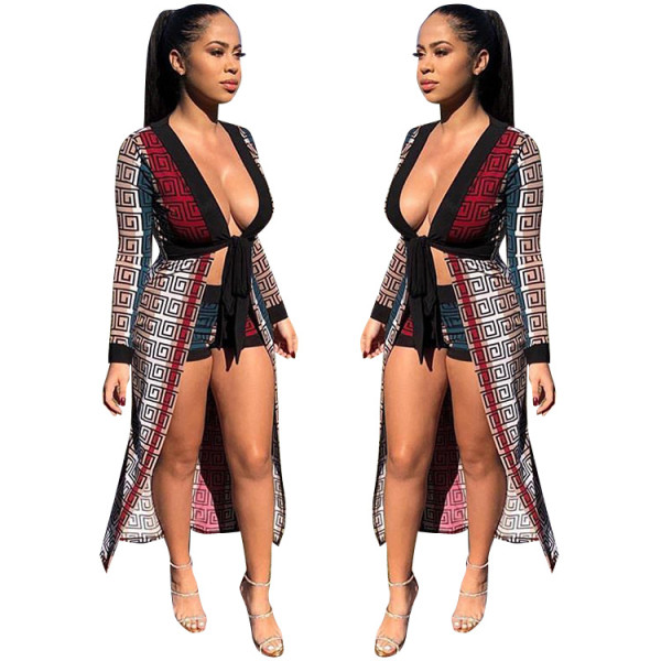 Stylish Printing Bodycon Shorts + Bandage Long Cloak F8177
