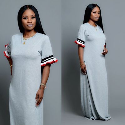 Women Half Sleeves Grey Long Dress For Daily Wear HM5246