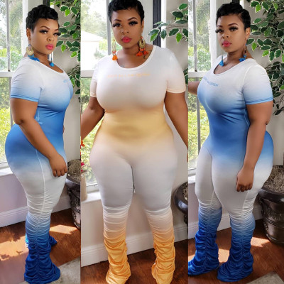 Sexy gradient zipper short-sleeved pleated trousers jumpsuit nightclub clothes K2032