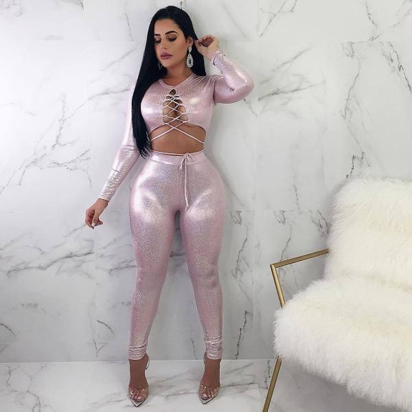 Bandage Crop Tops Slim Pants Sequins Sets W8131