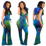 Unique Printing Backless Ladies Hooded Flare Jumpsuit F8201