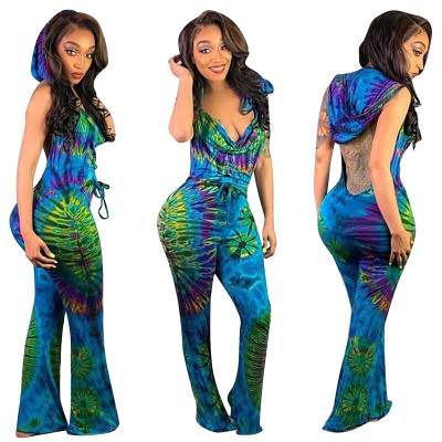 Unique Printing Backless Ladies Hooded Flare Jumpsuit F8201