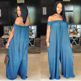 Loose Off Shoulder Plus Size Big Women Denim Jumpsuit LD8145